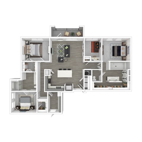 A 3D floor plan of a house with a kitchen, living room, and bedrooms.